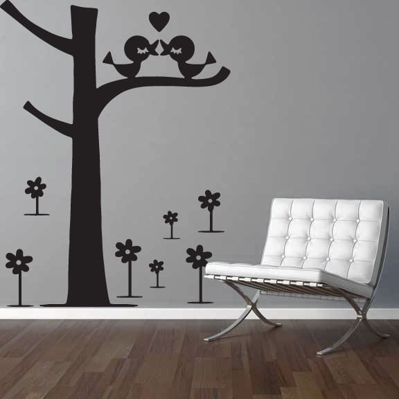 Træ Med To Hjerte Fugle - Wallsticker