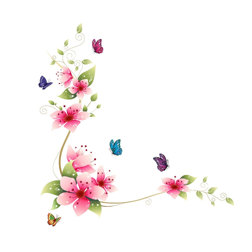 Blomsterranke - Pink med sommerfugle - Wallsticker